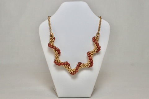 Ruby Melon and Gold Long Spiral Focal Beaded Kumihimo with Chain Necklace